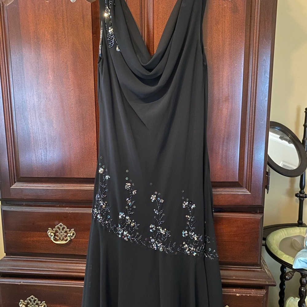 Xscape Black Backless Dress with Silver Embellishments
